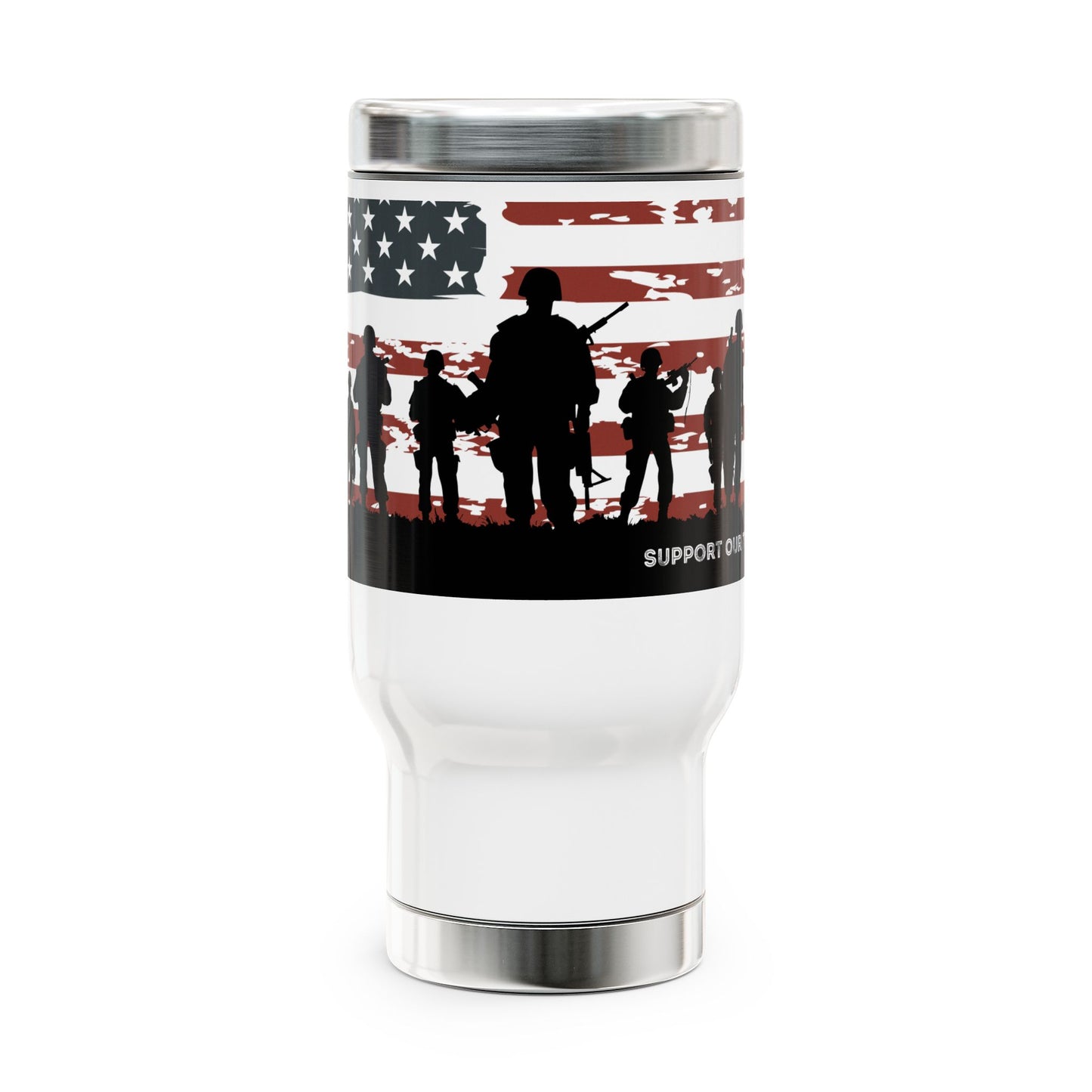 Stainless Steel Travel Mug with Handle, 14oz - Support Our Troops