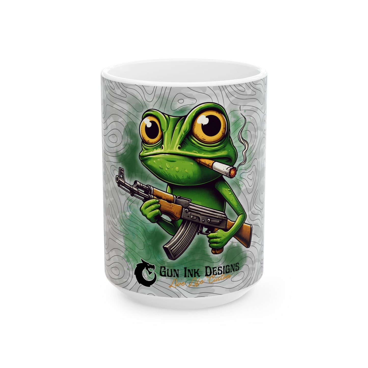 Funny Frog with AK47 Ceramic Mug - Unique Gift for Gun Lovers, 11oz & 15oz